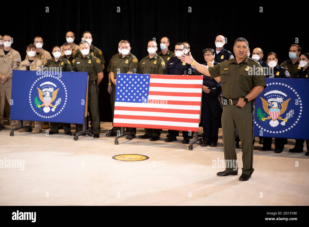 On Tuesday, August 18th, 2020, President Donald Trump, Acting DHS Secretary Chad Wolf,  Acting CBP Commissioner Mark Morgan, and U.S. Border Patrol Deputy Chief Raul Ortiz announce the progress of the border wall system at a press event in Yuma, Arizona Stock Photo