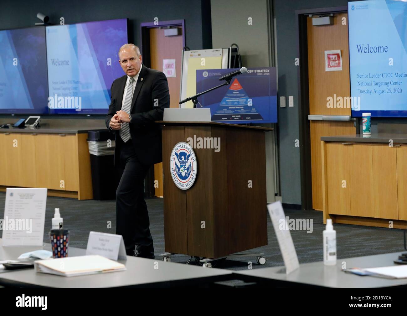 Acting Commissioner Mark A. Morgan and CBP Deputy Commissioner Robert E. Perez Address CBP leaders at the Countering Transnational Organized Crime (CTOC) meeting at the CBP National Targeting Center (NTC) in Sterling, VA. August 25, 2020 Stock Photo