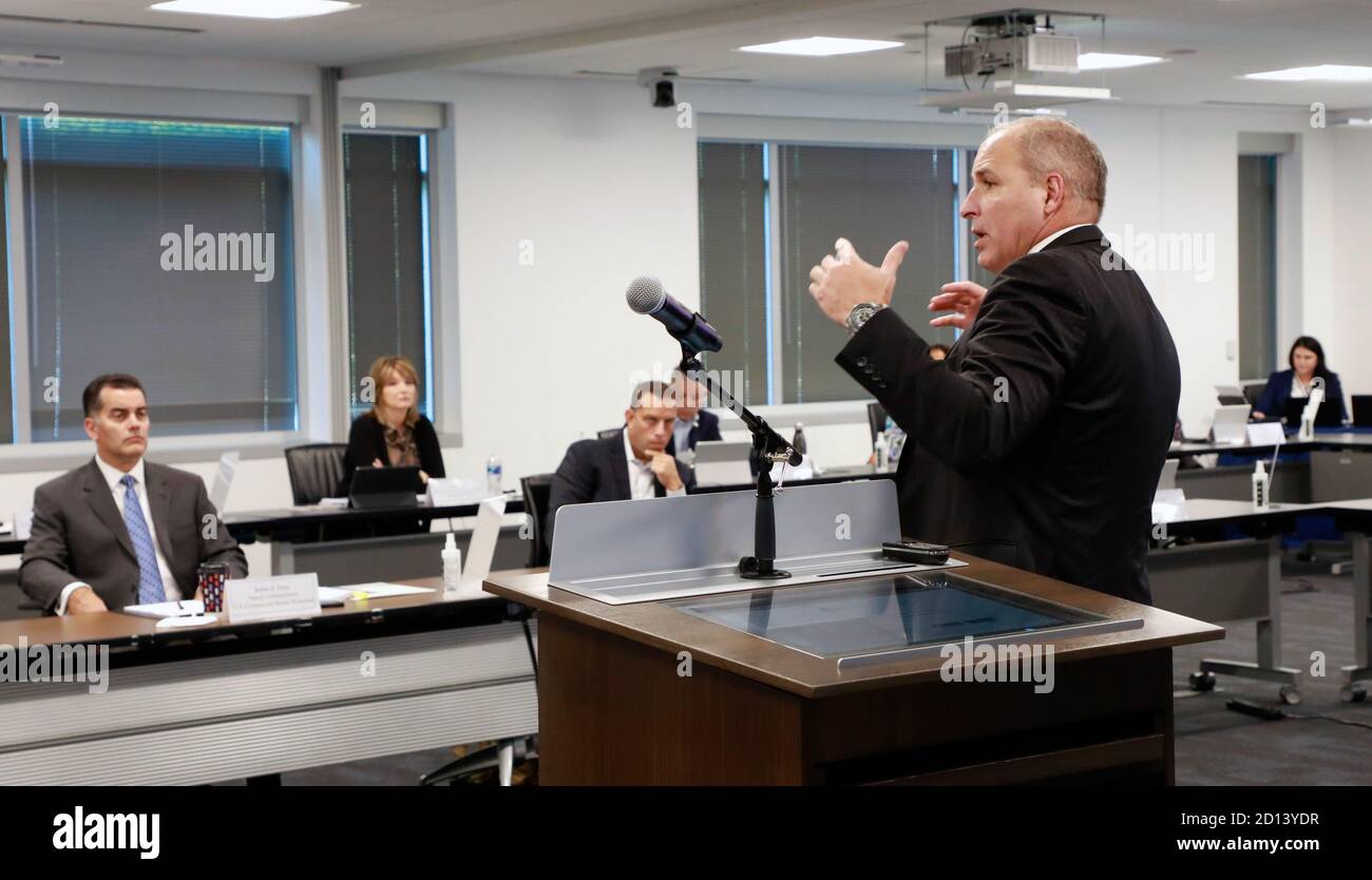 Acting Commissioner Mark A. Morgan and CBP Deputy Commissioner Robert E. Perez Address CBP leaders at the Countering Transnational Organized Crime (CTOC) meeting at the CBP National Targeting Center (NTC) in Sterling, VA. August 25, 2020 Stock Photo
