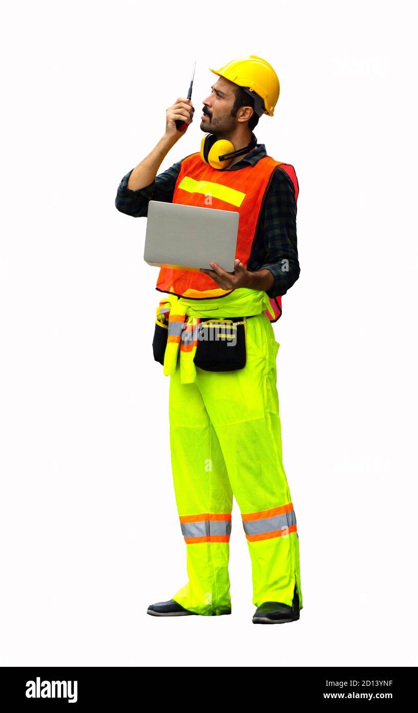 industrial worker using walkie talkie isolated on white background. Stock Photo
