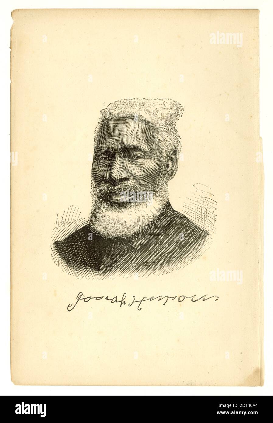 Book plate of Reverend Josiah Henson taken from the book Uncle Toms - a short story of his life edited by John Lobb. This illustration is taken from the book which is dated 1877, the drawing was copied from a photograph of Josiah by the studios of Bradshaw & Godart, (successors to the London School of Photography), 103, Newgate Street, E.C., London U.K. Stock Photo