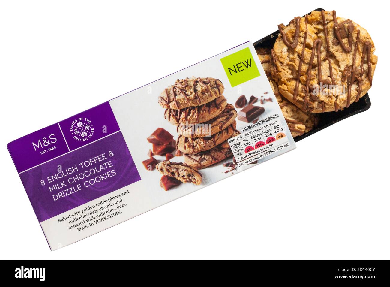 Box of M&S 8 English Toffee & Milk Chocolate Drizzle Cookies opened to show contents isolated on white background - Made in Yorkshire Stock Photo