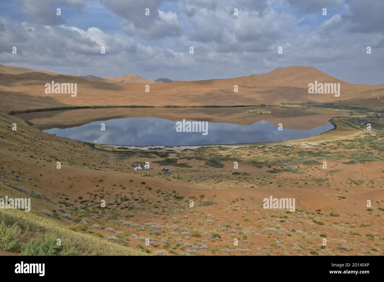 Lake Zhalate among sand dunes-Badain Jaran Desert. Alxa Plateau-Inner Mongolia-China-1074 Stock Photo