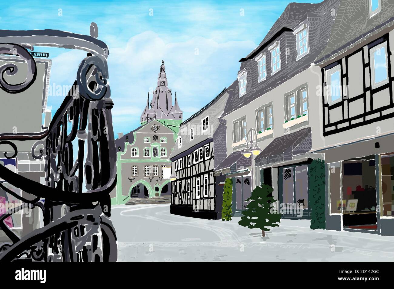 Illustrated market place of Brilon. Steinweg and view to the town hall ...