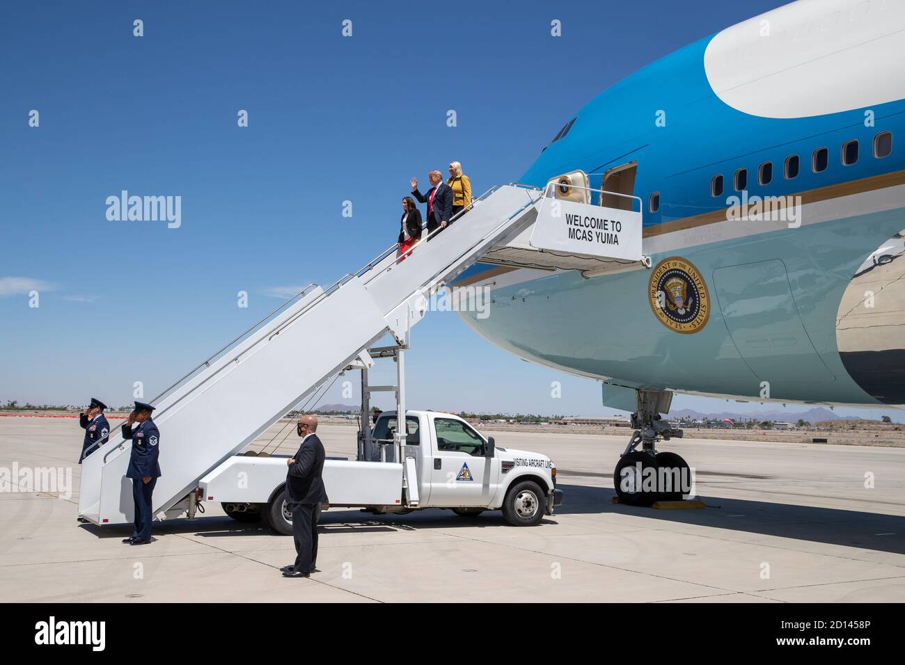 President Donald Trump, along with Acting Secretary Chad Wolf and Acting Commissioner Mark Morgan, visited the border wall in Yuma, Arizona on June 23, 2020. The visit marked the completion of 200 miles of new border wall constructed along the southwest border. Stock Photo