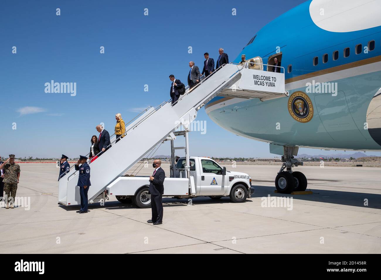 President Donald Trump, along with Acting Secretary Chad Wolf and Acting Commissioner Mark Morgan, visited the border wall in Yuma, Arizona on June 23, 2020. The visit marked the completion of 200 miles of new border wall constructed along the southwest border. Stock Photo