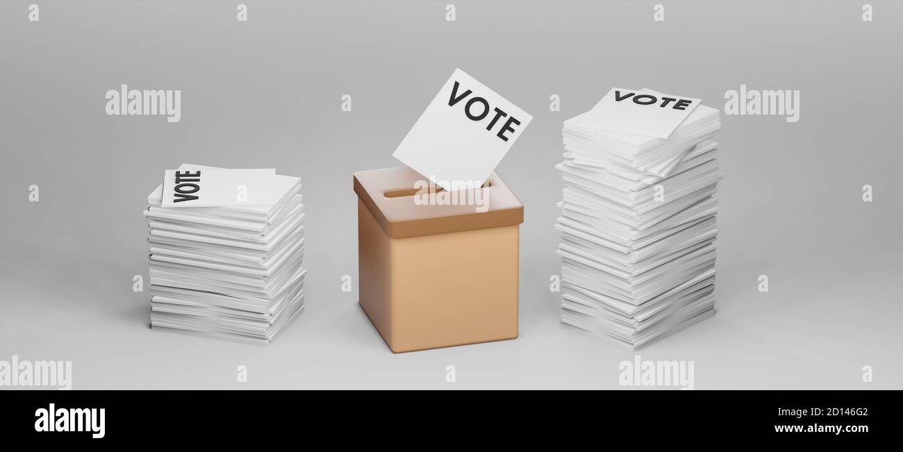 Ballot box vote, inserting voting paper, democratic general election, 3d illustration, cgi rendering, visualization, white background, copy space Stock Photo