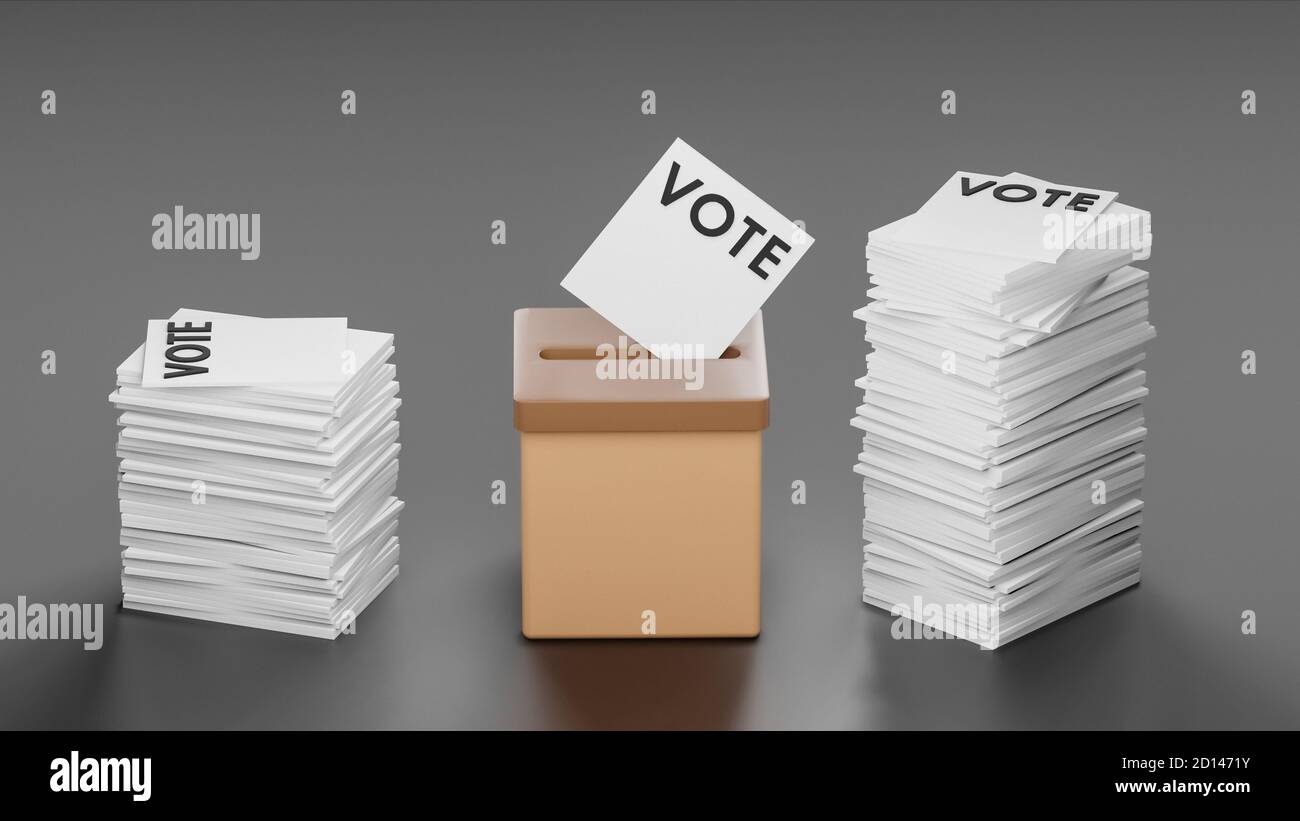 Ballot box vote, inserting voting paper, democratic general election, 3d illustration, cgi rendering, visualization, dark grey background, copy space Stock Photo