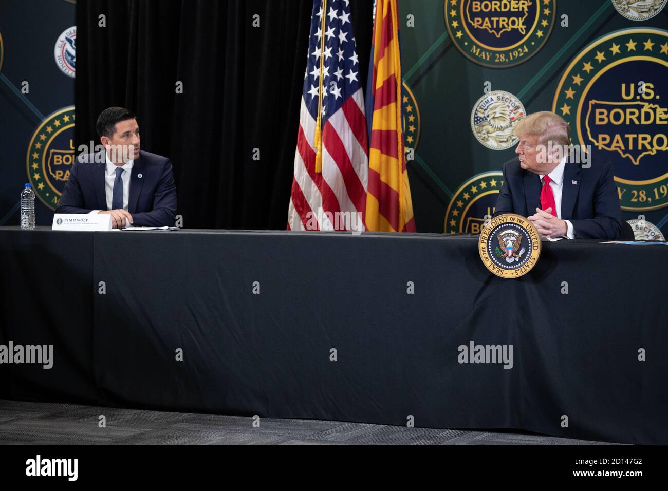 President Donald Trump, along with Acting Secretary Chad Wolf and Acting Commissioner Mark Morgan, visited the border wall in Yuma, Arizona on June 23, 2020. The visit marked the completion of 200 miles of new border wall constructed along the southwest border. Stock Photo