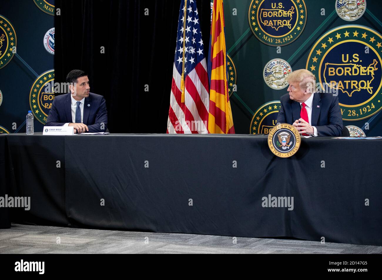 President Donald Trump, along with Acting Secretary Chad Wolf and Acting Commissioner Mark Morgan, visited the border wall in Yuma, Arizona on June 23, 2020. The visit marked the completion of 200 miles of new border wall constructed along the southwest border. Stock Photo