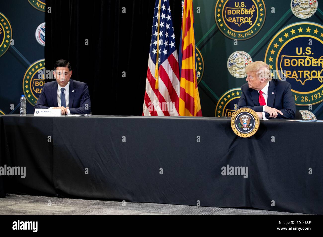 President Donald Trump, along with Acting Secretary Chad Wolf and Acting Commissioner Mark Morgan, visited the border wall in Yuma, Arizona on June 23, 2020. The visit marked the completion of 200 miles of new border wall constructed along the southwest border. Stock Photo