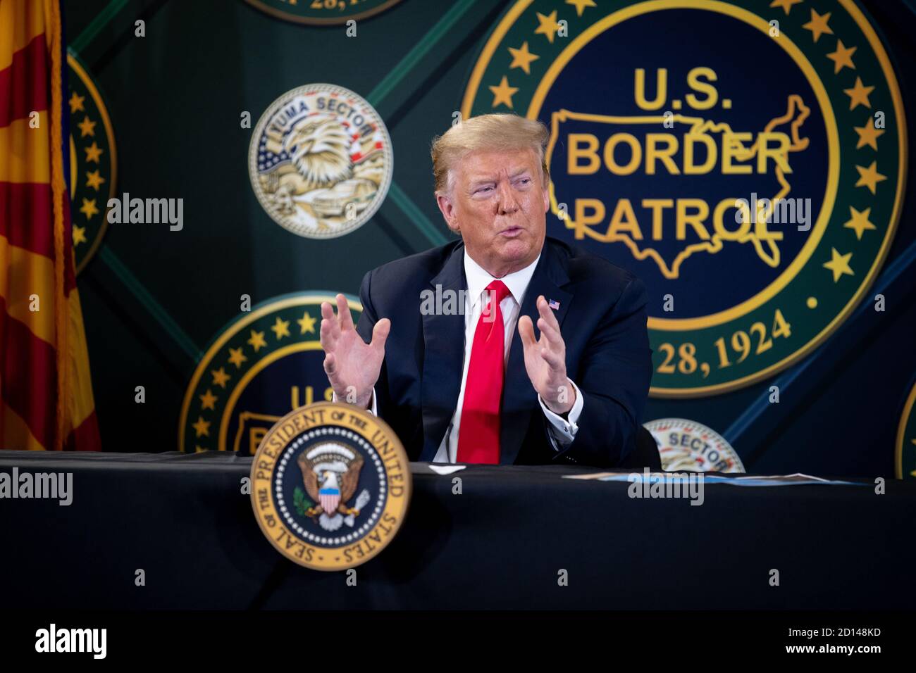 President Donald Trump, along with Acting Secretary Chad Wolf and Acting Commissioner Mark Morgan, visited the border wall in Yuma, Arizona on June 23, 2020. The visit marked the completion of 200 miles of new border wall constructed along the southwest border. Stock Photo