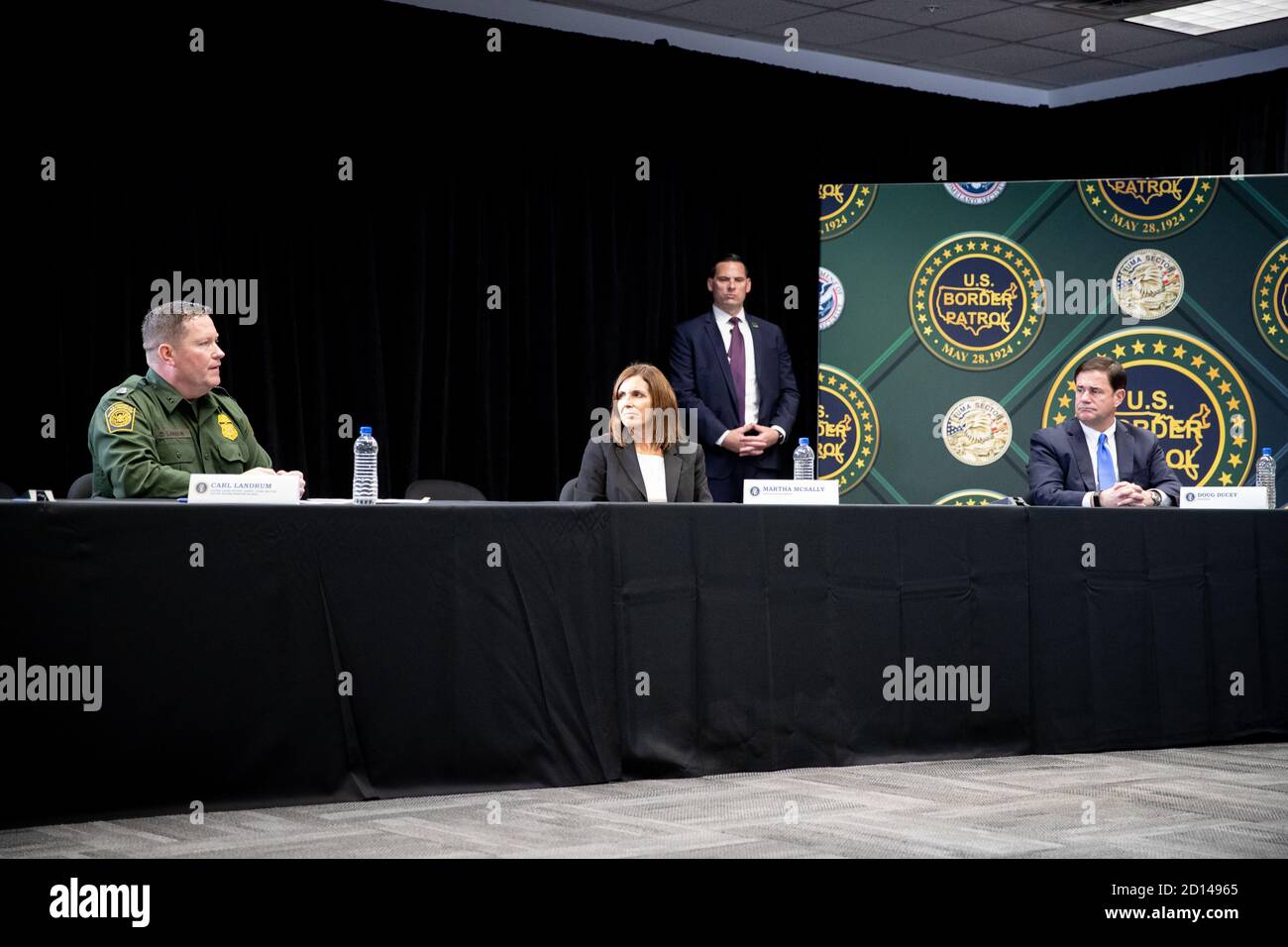 President Donald Trump, along with Acting Secretary Chad Wolf and Acting Commissioner Mark Morgan, visited the border wall in Yuma, Arizona on June 23, 2020. The visit marked the completion of 200 miles of new border wall constructed along the southwest border. Stock Photo