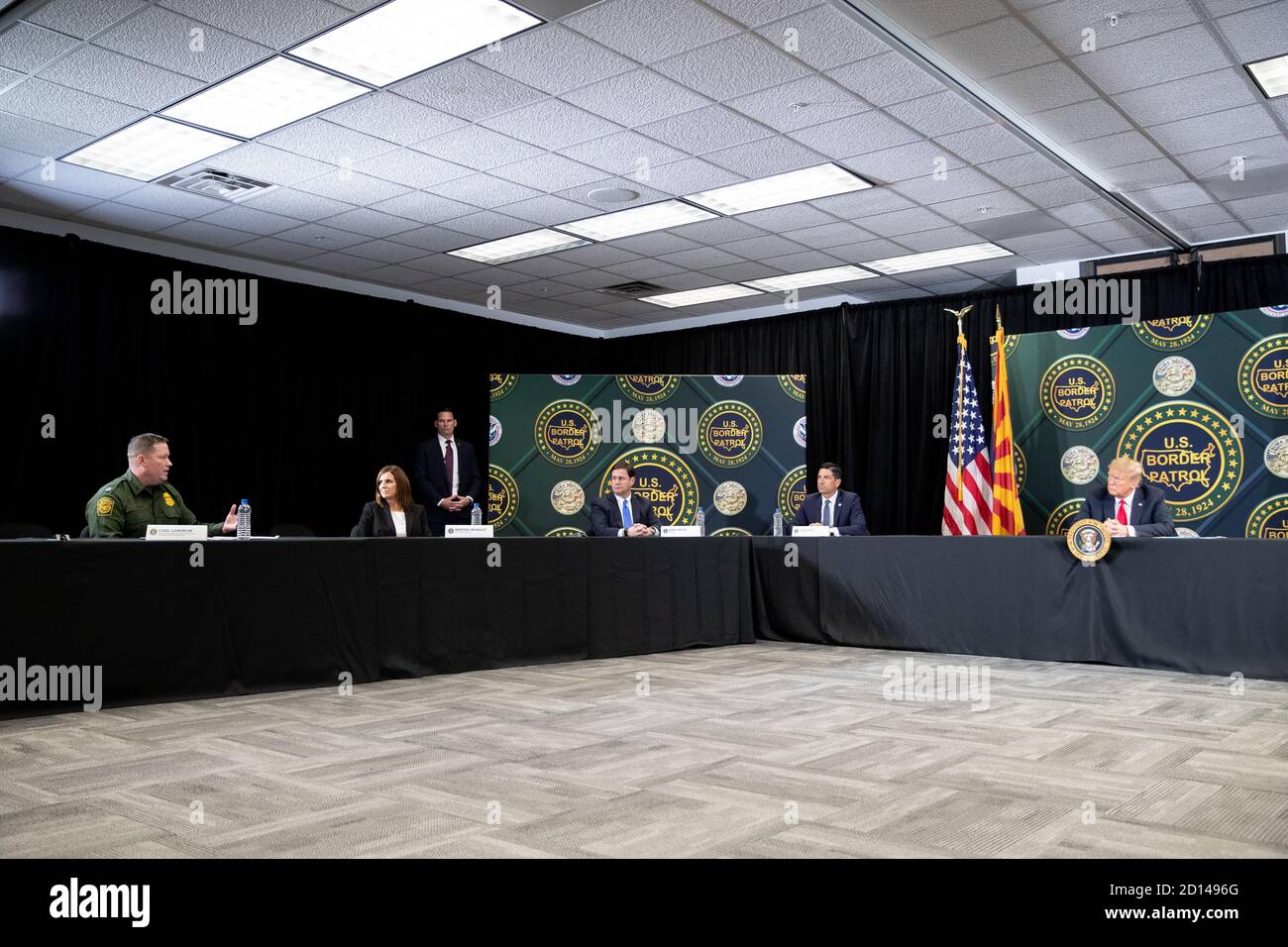 President Donald Trump, along with Acting Secretary Chad Wolf and Acting Commissioner Mark Morgan, visited the border wall in Yuma, Arizona on June 23, 2020. The visit marked the completion of 200 miles of new border wall constructed along the southwest border. Stock Photo