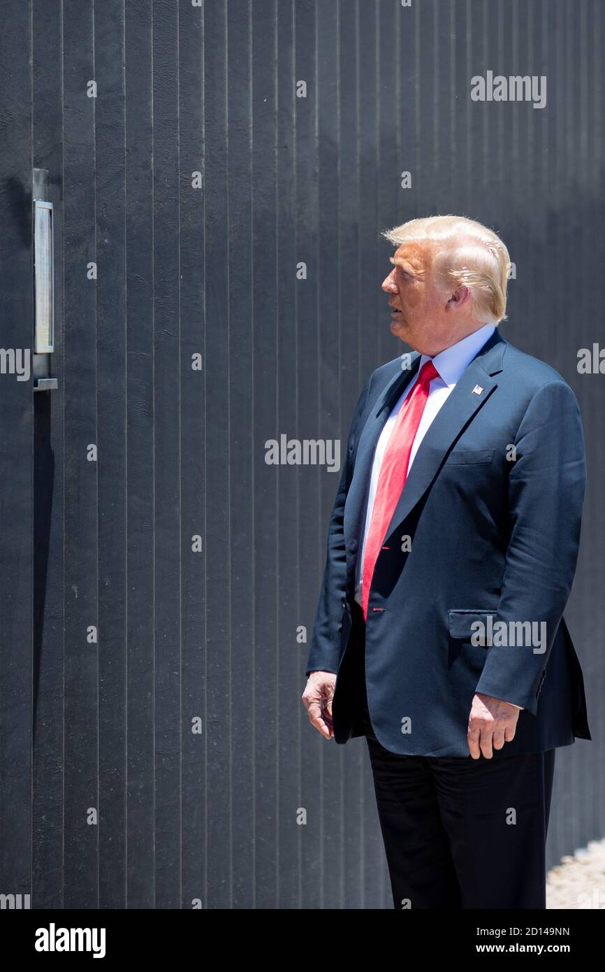 President Donald Trump, along with Acting Secretary Chad Wolf and Acting Commissioner Mark Morgan, visited the border wall in Yuma, Arizona on June 23, 2020. The visit marked the completion of 200 miles of new border wall constructed along the southwest border. Stock Photo