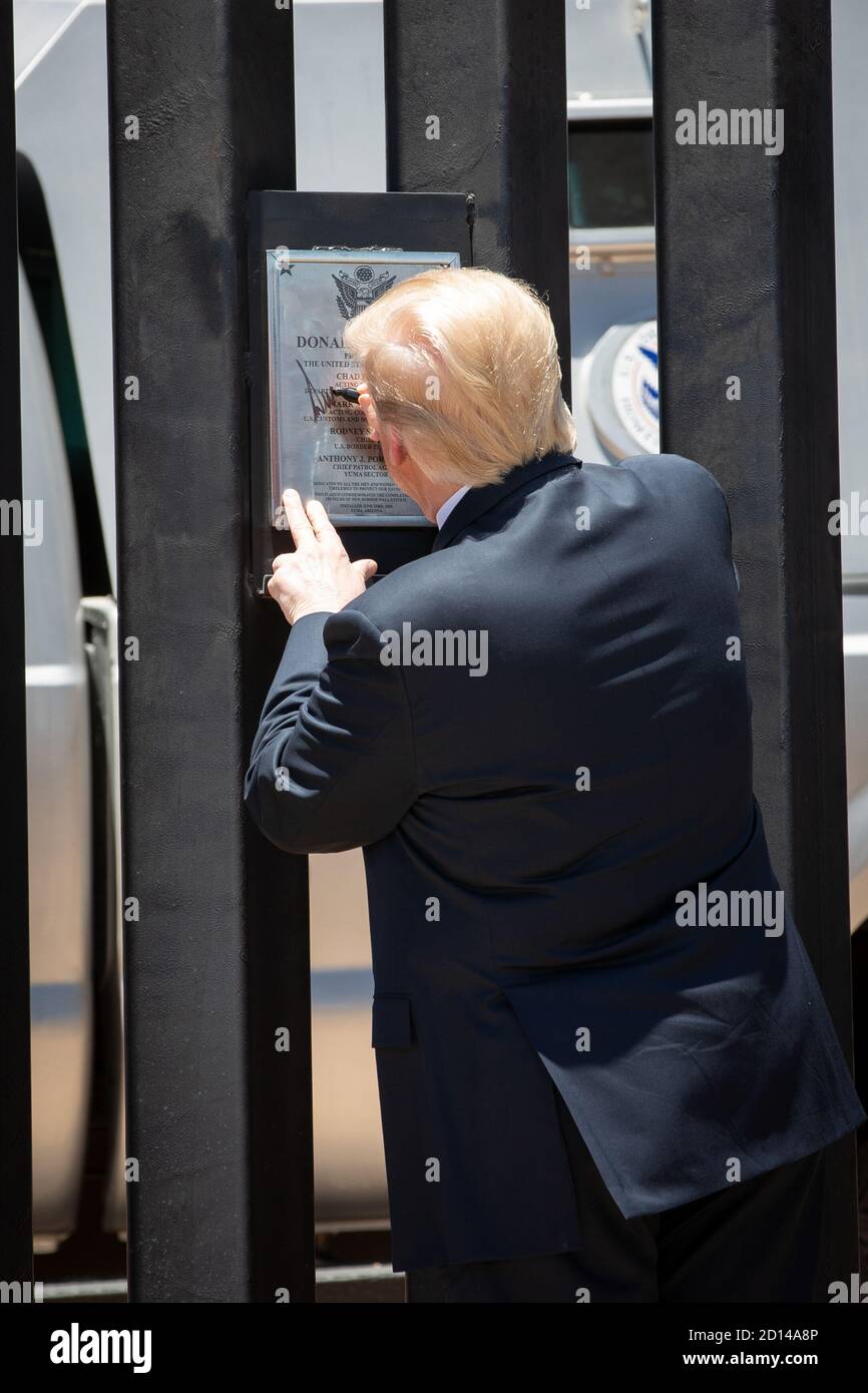 President Donald Trump, along with Acting Secretary Chad Wolf and Acting Commissioner Mark Morgan, visited the border wall in Yuma, Arizona on June 23, 2020. The visit marked the completion of 200 miles of new border wall constructed along the southwest border. Stock Photo