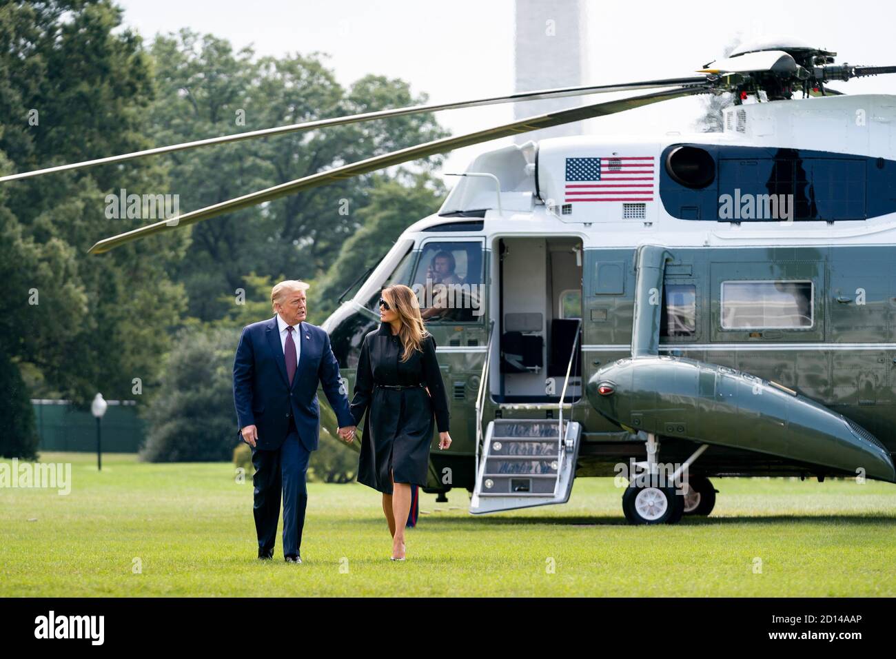 September 11. President Donald J. Trump and First Lady Melania Trump walk across the South Lawn of the White House after disembarking Marine One Thursday, Sept. 2, 2020, returning from their trip to the Flight 93 National Memorial in Stoystown, Pa. Stock Photo