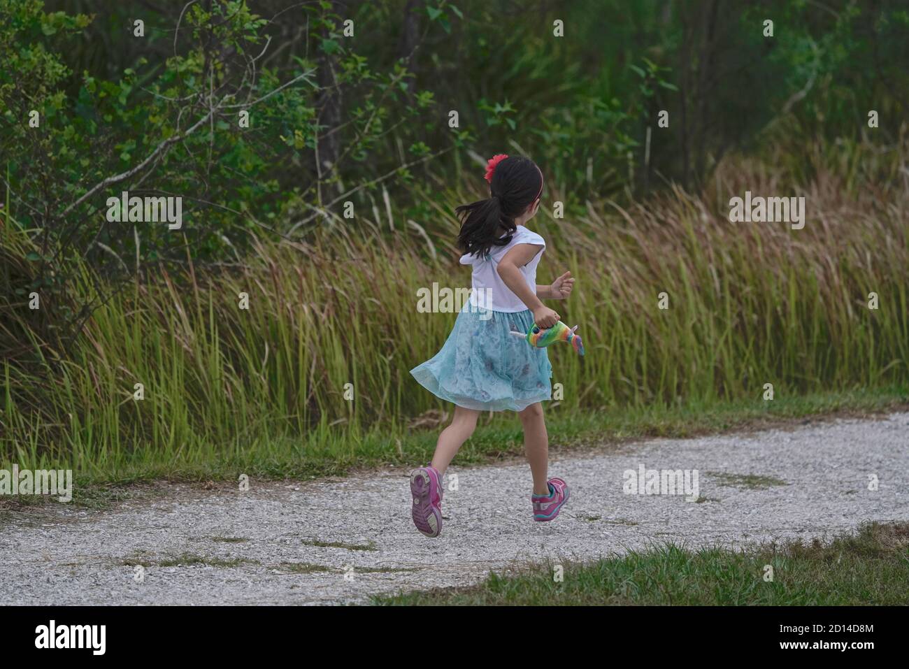 Five year old girl running on a trail. Stock Photo