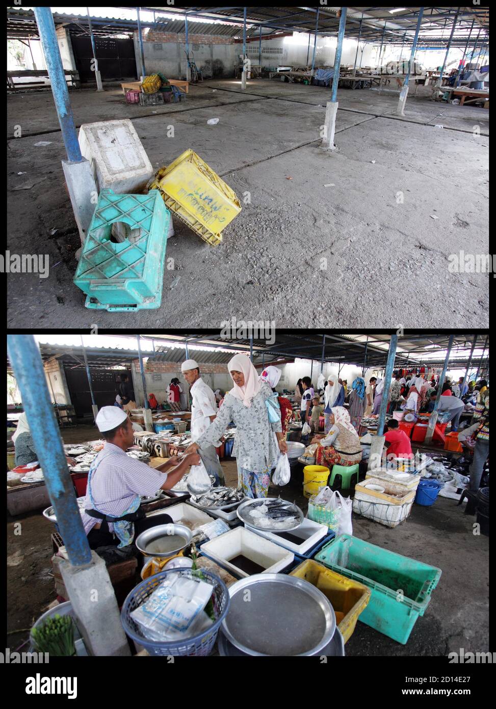 Combination photograph shows scenes of trading activities on two different days in market in Thailand's southern province of Pattani.  A combination photograph shows contrasting scenes of trading activities in a market in Thailand's southern province of Pattani on August 24, 2005 and August 26, 2005 (top). Rows of shuttered kiosks on Friday in the central market in Pattani suggest people are still scared of militants' threats to Muslim traders not to open up on the Islamic holy day despite government assurances they have nothing to fear. REUTERS/Bazuki Muhammad Stock Photo