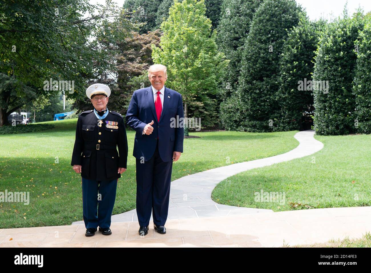 President Trump Meets with World War II Veteran Hershal “Woody” Williams. President Donald J. Trump meets with World War II veteran Hershal “Woody” Williams Tuesday, Sept. 2, 2020, in the Oval Office of the White House. Stock Photo