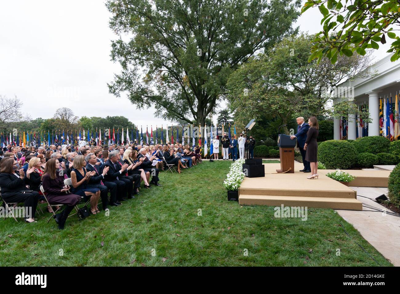President Trump Nominates Judge Amy Coney Barrett for Associate Justice of the U.S. Supreme Court. President Donald J. Trump announces Judge Amy Coney Barrett as his nominee for Associate Justice of the Supreme Court of the United States Saturday, Sept. 26, 2020, in the Rose Garden of the White House. Stock Photo