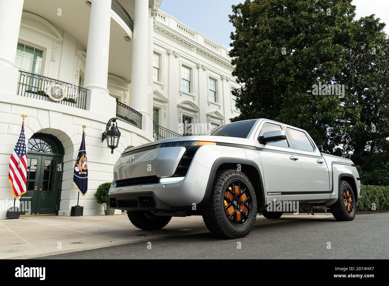 President Trump Tours a Lordstown Motors 2021 Endurance. A Lordstown Motors 2021 Endurance on display Monday, Sept. 28, 2020, on the South Lawn of the White House. Stock Photo