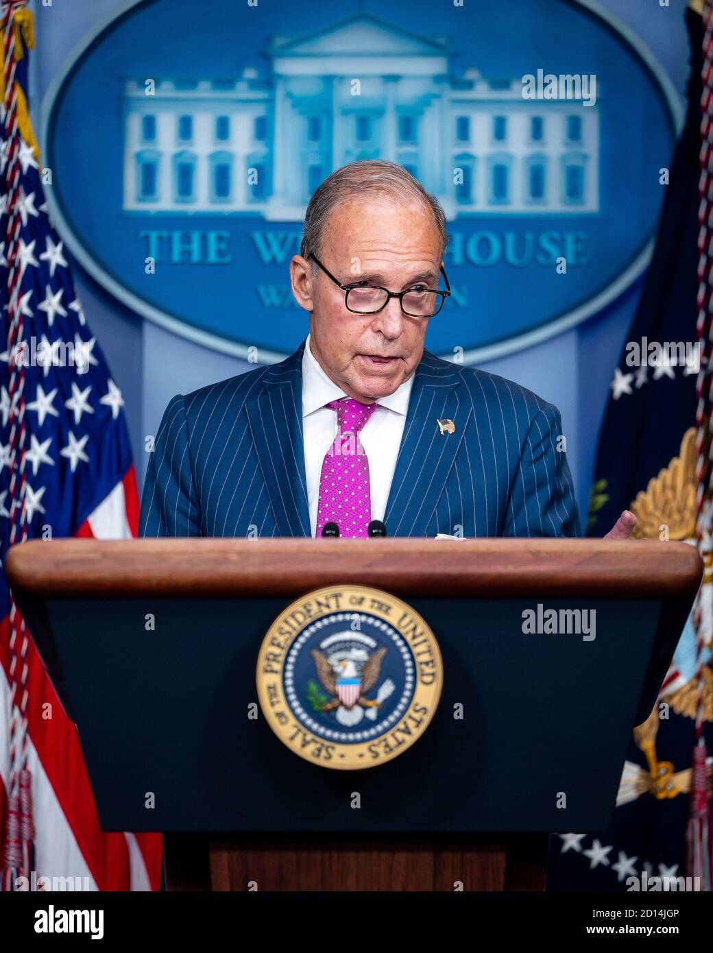 White House Press Briefing. Director of the U.S. National Economic Council Larry Kudlow delivers his remarks during a press conference with President Donald J. Trump Friday, Sept. 4, 2020, in the James S. Brady Press Briefing Room of the White House. Stock Photo