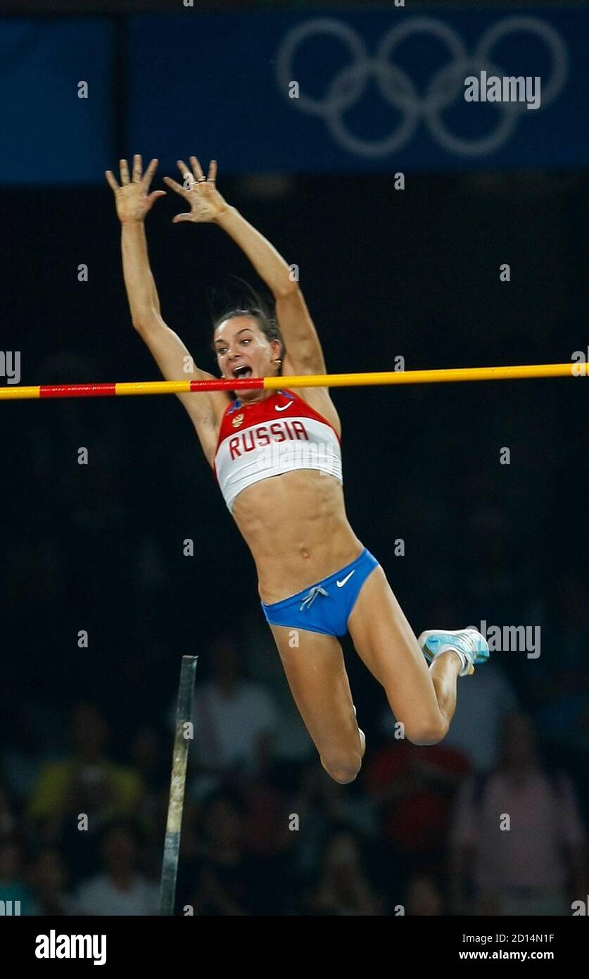 Yelena Isinbayeva of Russia breaks the world record during the women's pole  vault final of the athletics competition in the National Stadium at the  Beijing 2008 Olympic Games August 18, 2008. Isinbayeva