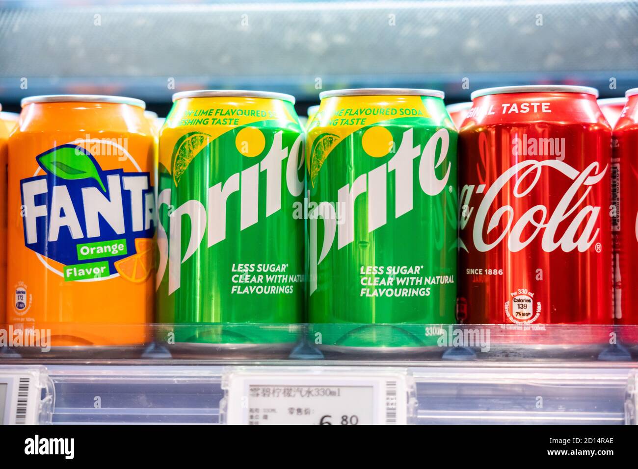 Cans of Coca-Cola, Sprite and Fanta, beverages produced by the