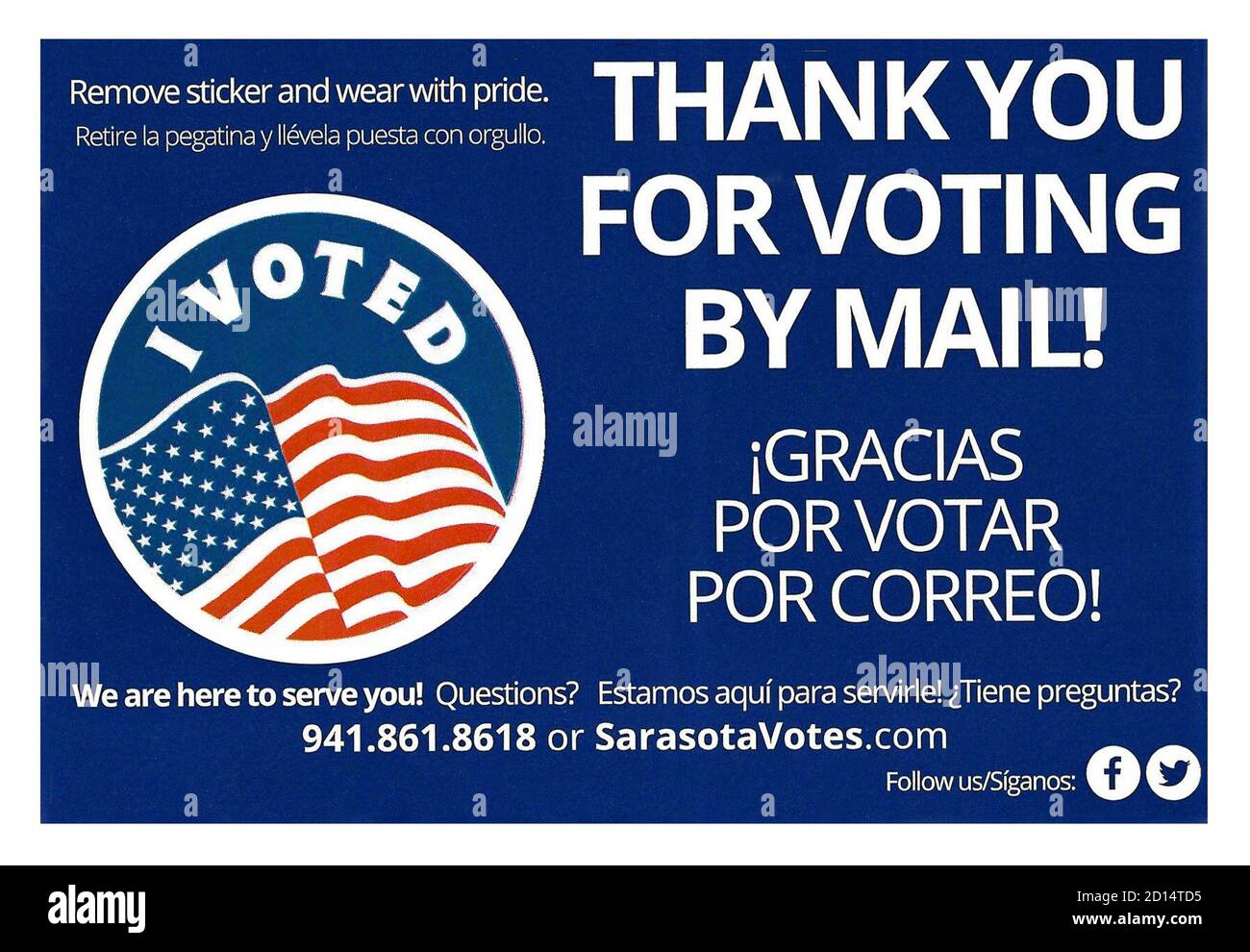 An adhesive sticker featuring a symbol of the United States flag and stating 'I VOTED' is sent as a 'Thank You for Voting by Mail' to everyone who did so in elections run by Sarasota County in Florida, USA. Traditionally, each of the nation’s 3,069 counties administers federal, state, county and other local elections. Election officials work to make sure voting is accurate, safe, secure and accessible for everyone whether they vote at the ballot box or by mail. Stock Photo