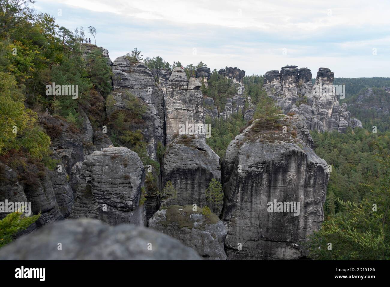 Bastei, Germany. 03rd Oct, 2020. View from the Bastei Bridge, built in 1851, to the Elbe Sandstone Mountains in the National Park Saxon Switzerland. Credit: Stephan Schulz/dpa-Zentralbild/ZB/dpa/Alamy Live News Stock Photo