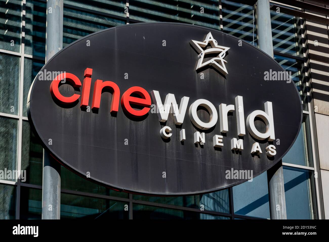 London, UK. 05th Oct, 2020. A Cineworld sign seen in West India Quay, London .Cineworld is on course to cut tens of thousands of jobs after confirming  plans to temporarily shut its UK
