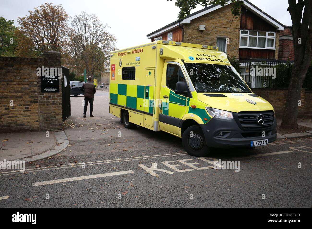 An ambulance leaving La Sainte Union Catholic School in Highgate, north London. The ambulance service was called shortly before midday and thirteen teenagers were taken to hospital as a precaution when they became unwell after eating what they believed to be sweets. Stock Photo