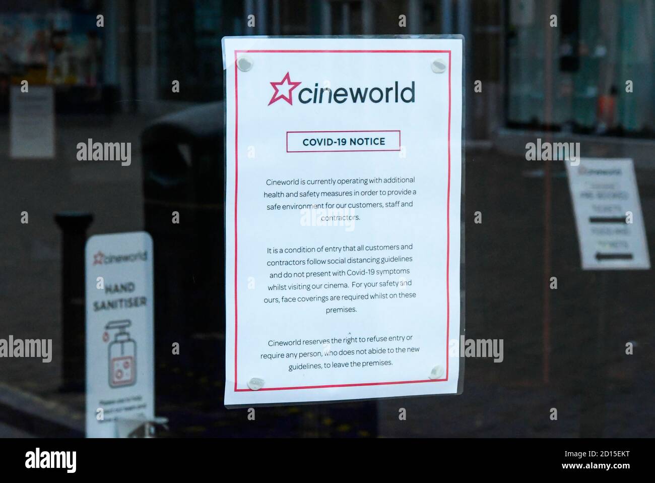 Weymouth, Dorset, UK.  5th September 2020.  Cineworld is to close all its cinemas on Thursday due to the ongoing Covid-19 pandemic effecting the film industry.  Weymouth branch of Cineworld in Dorset is one of the 127 Cineworld and Picturehouse venues in the UK set to shutdown this week.  A notice on the front door informing customers of the Covid-19 health and safety measures at the cinema.  Picture Credit: Graham Hunt/Alamy Live News Stock Photo