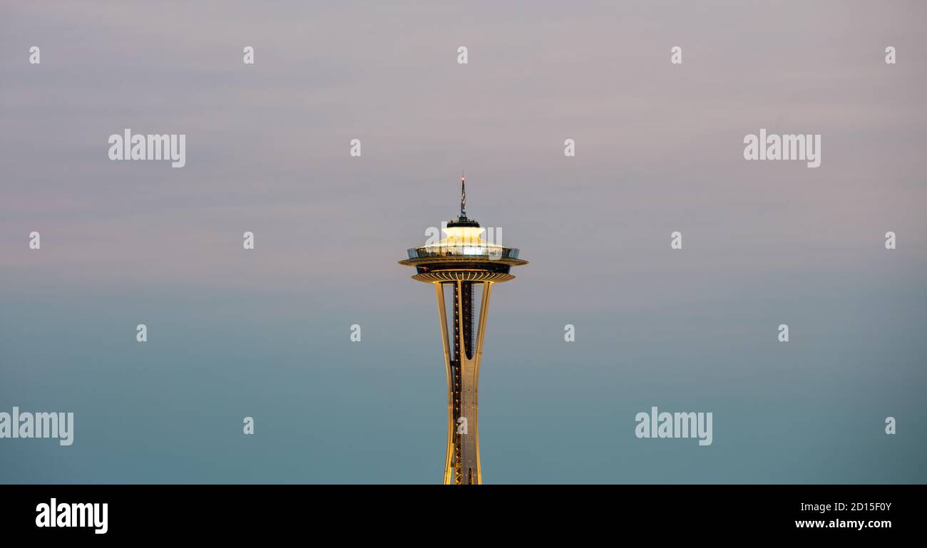 The iconic Seattle Space Needle against the sunset skies. Seattle, Washington Stock Photo