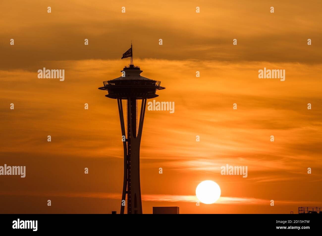 The Iconic Space Needle in Seattle, Washington, at sunset, with brilliant colors caused by clouds and smoke from the fires in western US fires in Sept Stock Photo