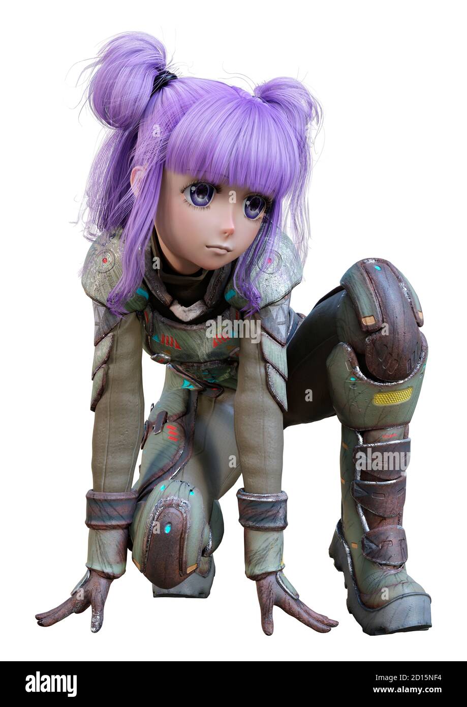 3D rendering of an anime teenager girl with purple hair in an