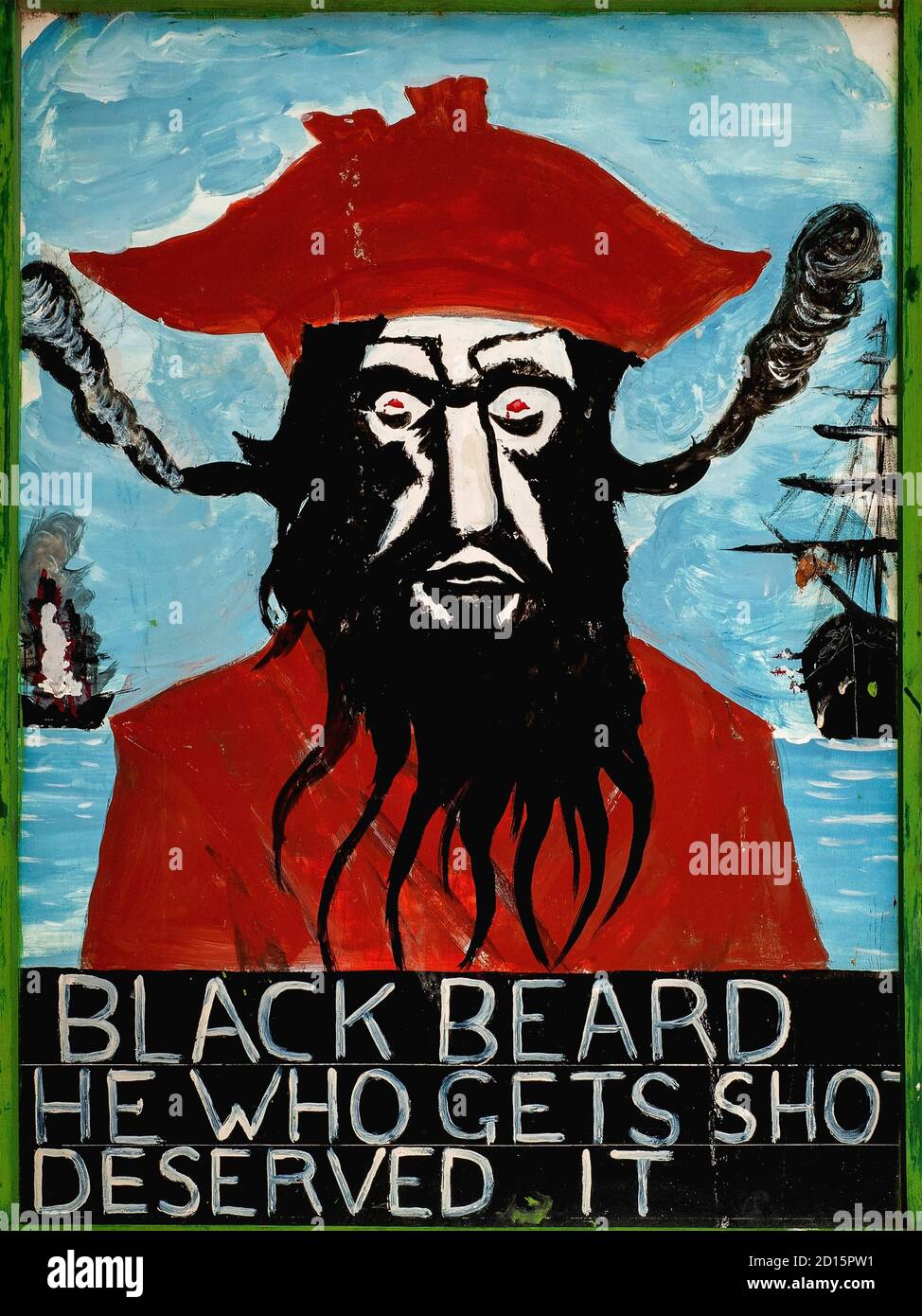 This hand-painted sign in the Old Town at Hastings, East Sussex, England, UK, celebrates fearsome English Caribbean pirate Edward ‘Blackbeard’ Teach or Thatch (c. 1680-1718).  Each side features a different version of an 18th century artwork showing him with smoking slow-burning fuses or matches under his tricorn hat.   Hastings did have an historic reputation as a haven for smugglers and today it celebrates an annual ‘Pirate Day’ in July, when residents dress up as buccaneers.  The south coast town now promotes itself as ‘The Pirate Capital of the World’. Stock Photo