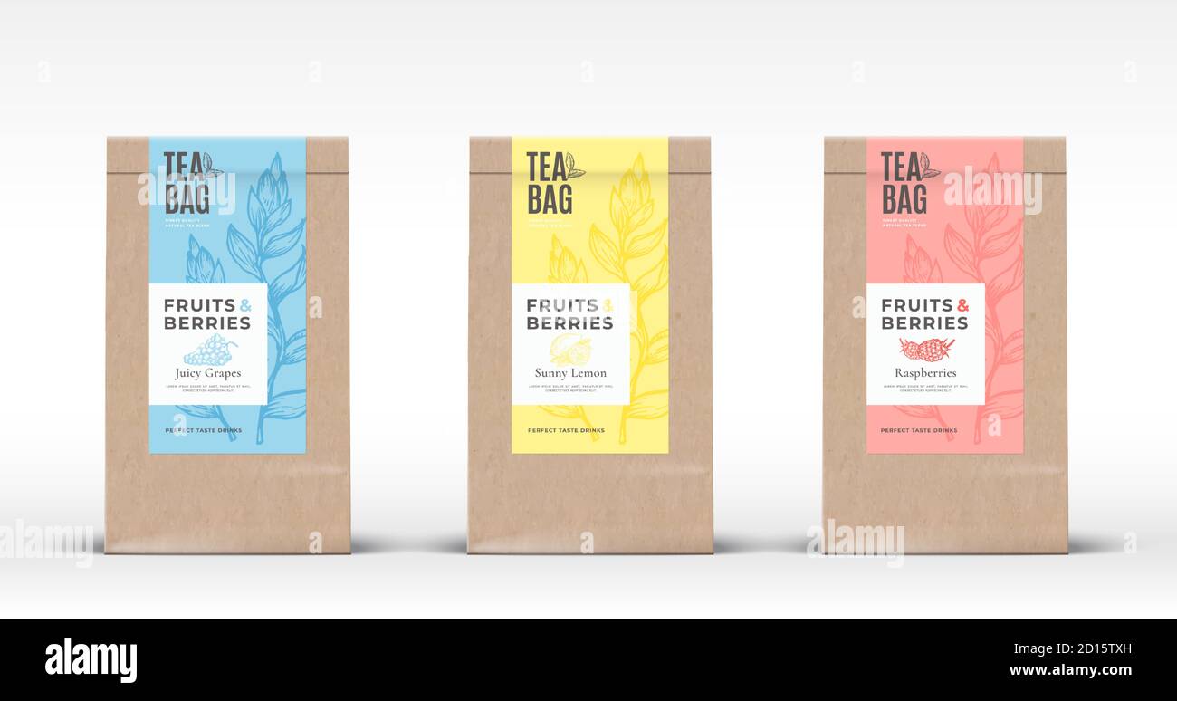 Craft Paper Bag with Fruit and Berries Tea Labels Set. Abstract Vector  Packaging Design Layout with Realistic Shadows. Hand Drawn Raspberry, Lemon  and Stock Vector Image & Art - Alamy