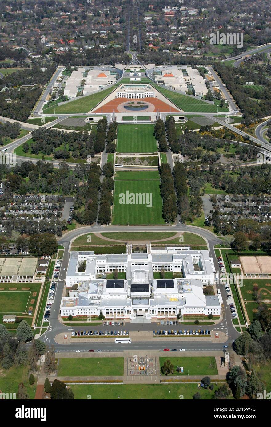 Aerial view of the Australian Parliament House (top) Canberra with the former parliament building, now the National Portrait Gallery, the foreground September 26, 2005. Wimborne Stock Photo Alamy