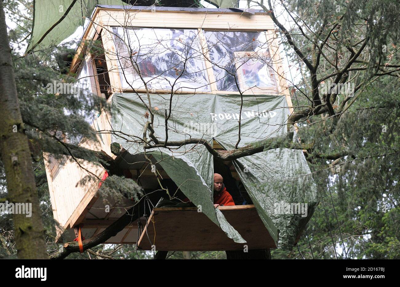 An activist of environmental organization Robin Wood observes police activities from a tree house, built in protest against the clearing of a wooded area for a new runway for the airport, in Frankfurt January 20, 2009. Some of the demonstrators have been living in the wooded area slated for clearing as a form of protest for the past 6 months. REUTERS/Kai Pfaffenbach (GERMANY) Stock Photo