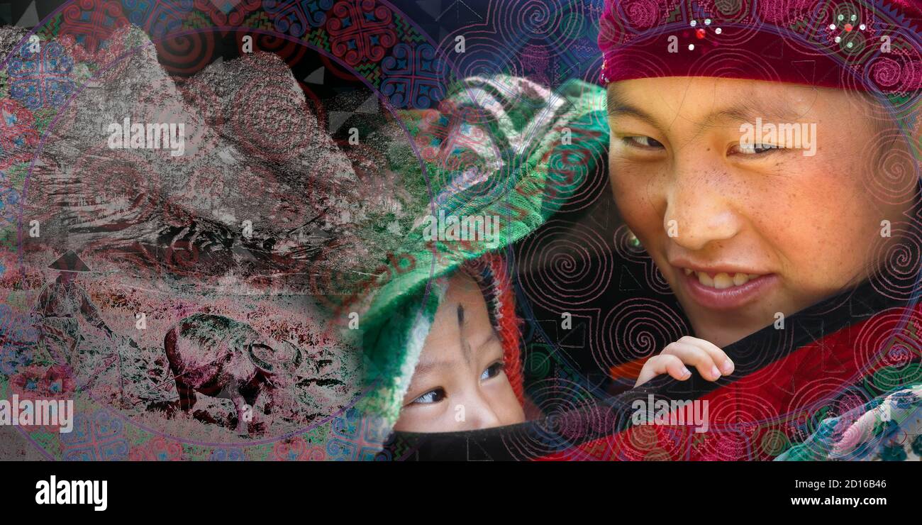 Vietnam, Ha Giang Province, Sa Phin, a Hmong baby and his mother portrait, photographic composition series 'voyage Dreams' representing people surroun Stock Photo