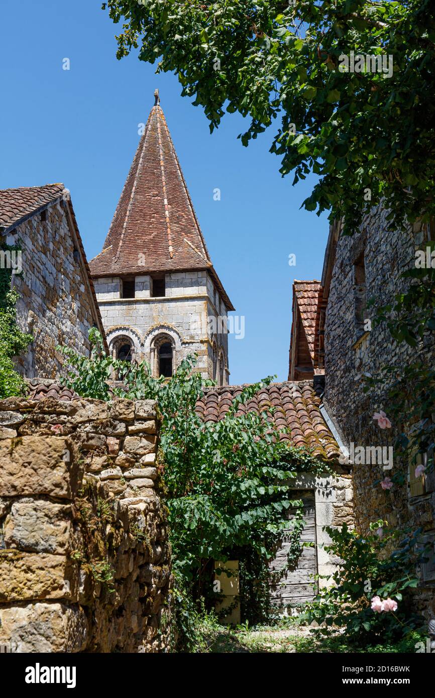 France, Lot, Carennac, labelled Les Plus Beaux Villages de France (The Most beautiful Villages of France), the church tower Stock Photo