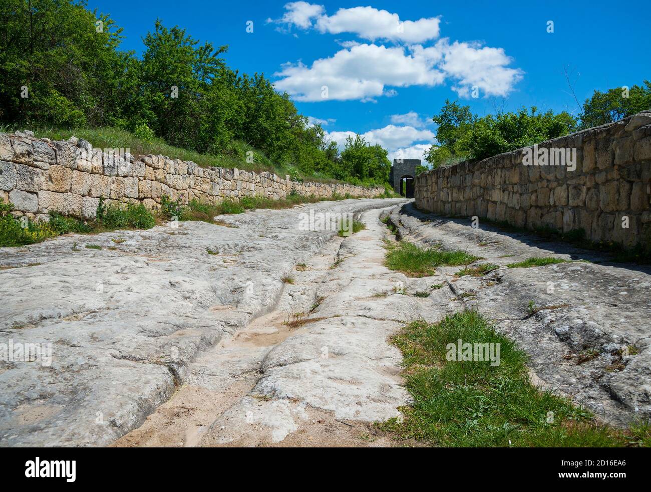Ancient stony road through ChufutKale, medieval cave settlement in