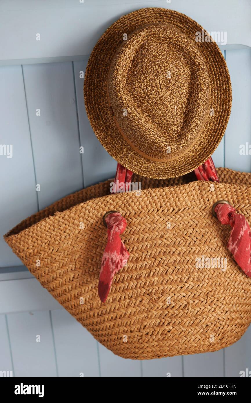 Spain, Balearic islands, formentera, saint francec, straw hat and basket in front of a shop Stock Photo