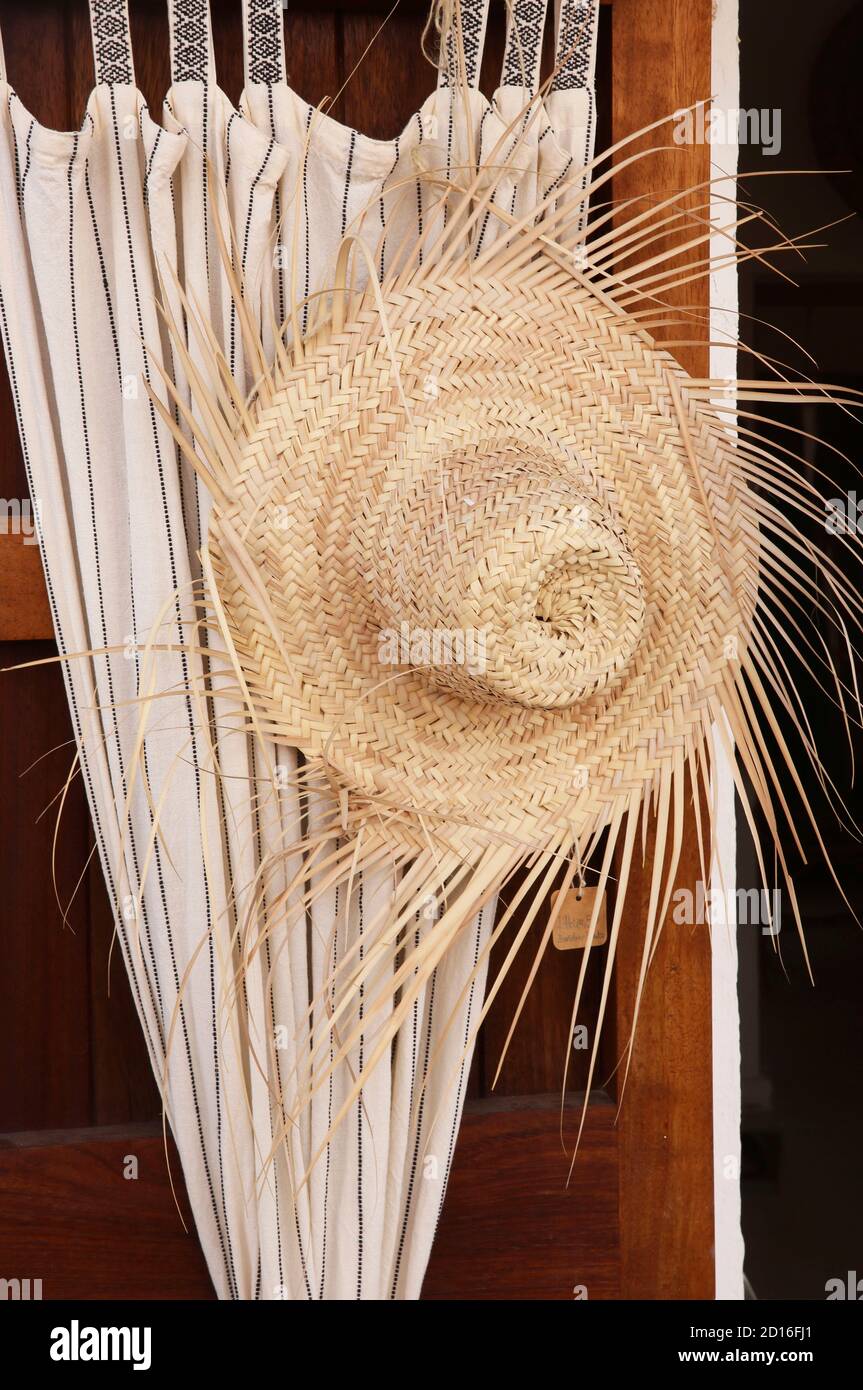 Spain, Balearic islands, formentera, saint francec, straw hat in the front of a shop Stock Photo