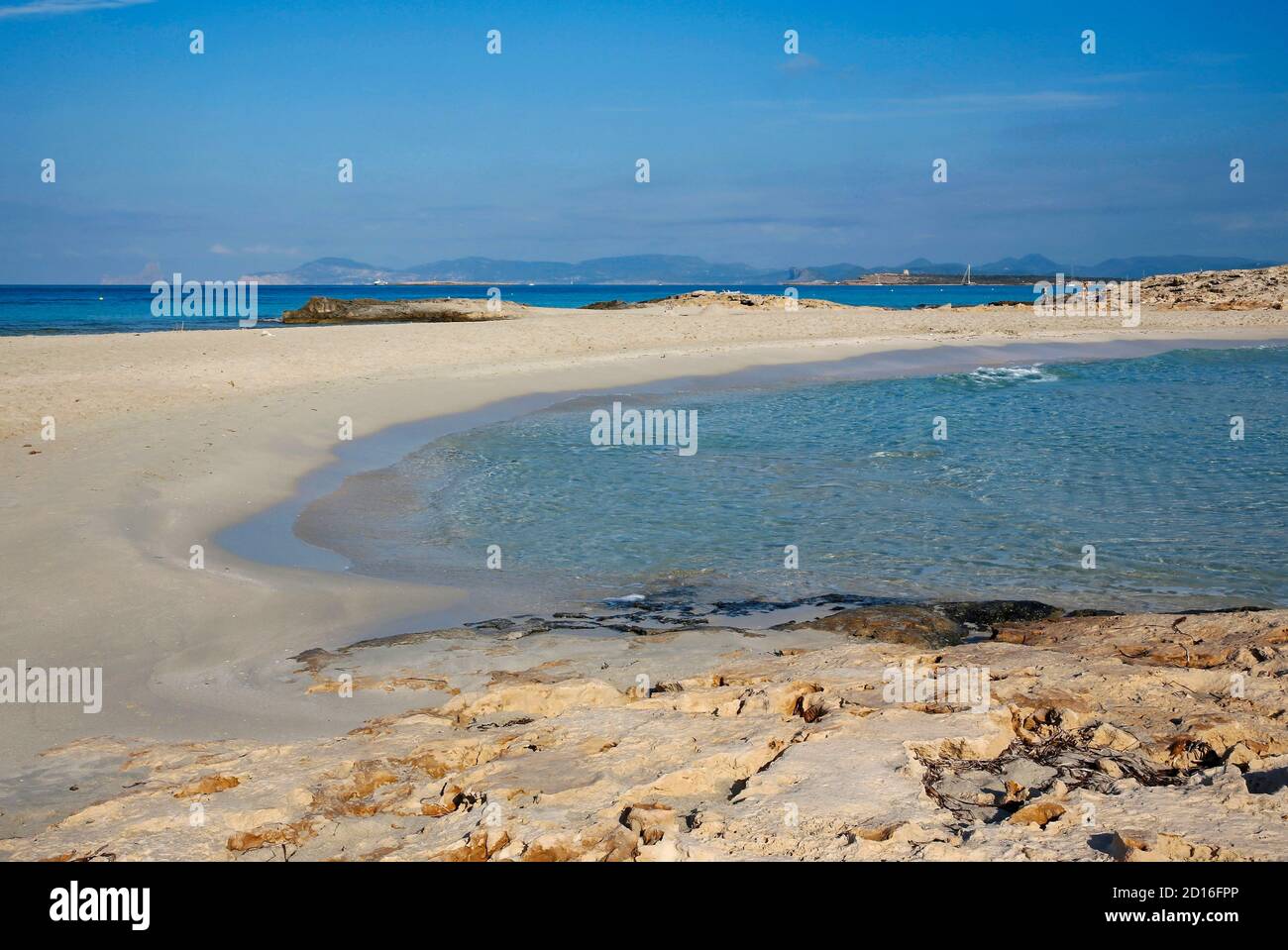 Spain, Balearic islands, formentera, platja de ses illetes, virgin fine sandy beach bathed in clear water Stock Photo