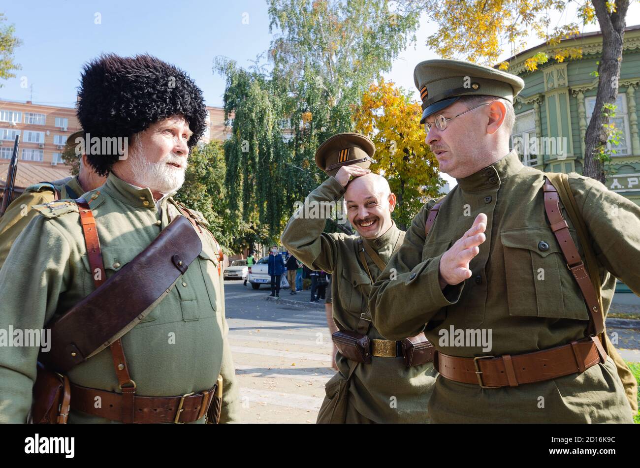 Historical festival dedicated to the events of the Russian civil war. A group of participants in the White army uniform. Samara, Russia October 3 Stock Photo