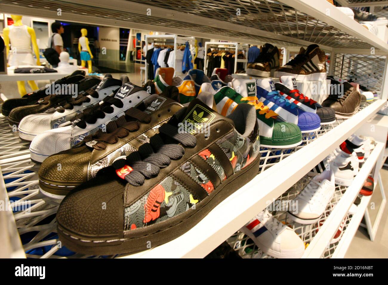Shoes are displayed at the new and world's largest Adidas Brand Center store  in Beijing July 3, 2008. Adidas will open its world's largest Adidas store  with a size of 3,170 square