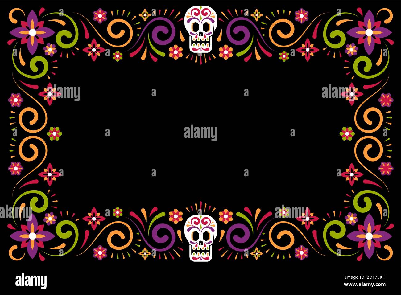 Dia de muertos Holiday flower frame with sugar skull Stock Vector